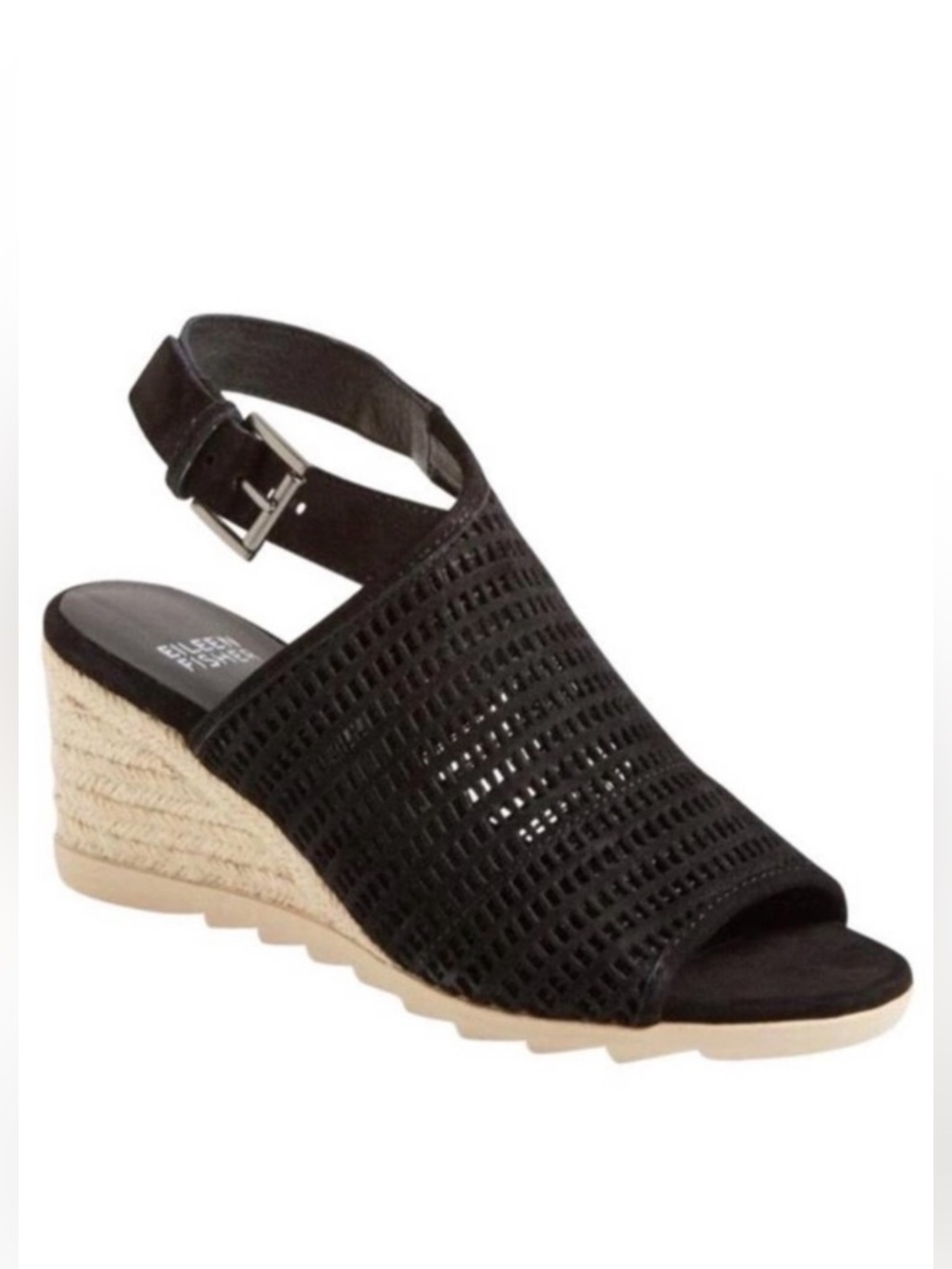 Eileen Fisher Aura Slingback Suede Black Wedge Espadrille Sandals